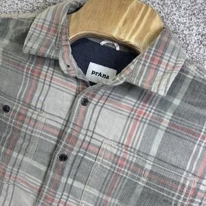 PrAna Shirt Mens Medium Gray Plaid Long Sleeve Flannel Button Up Organic Cotton